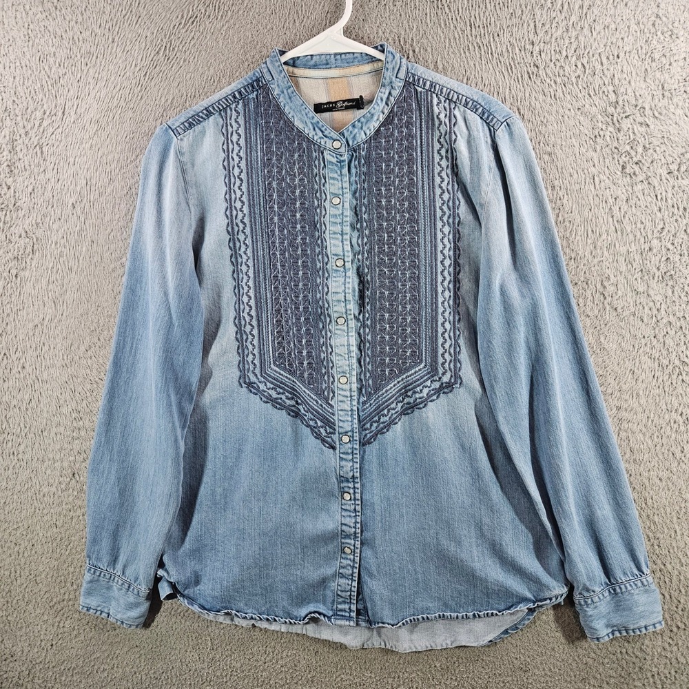 Jachs Girlfriend Womens Blue Embroidered Denim Shirt Band Collar Lyocell M